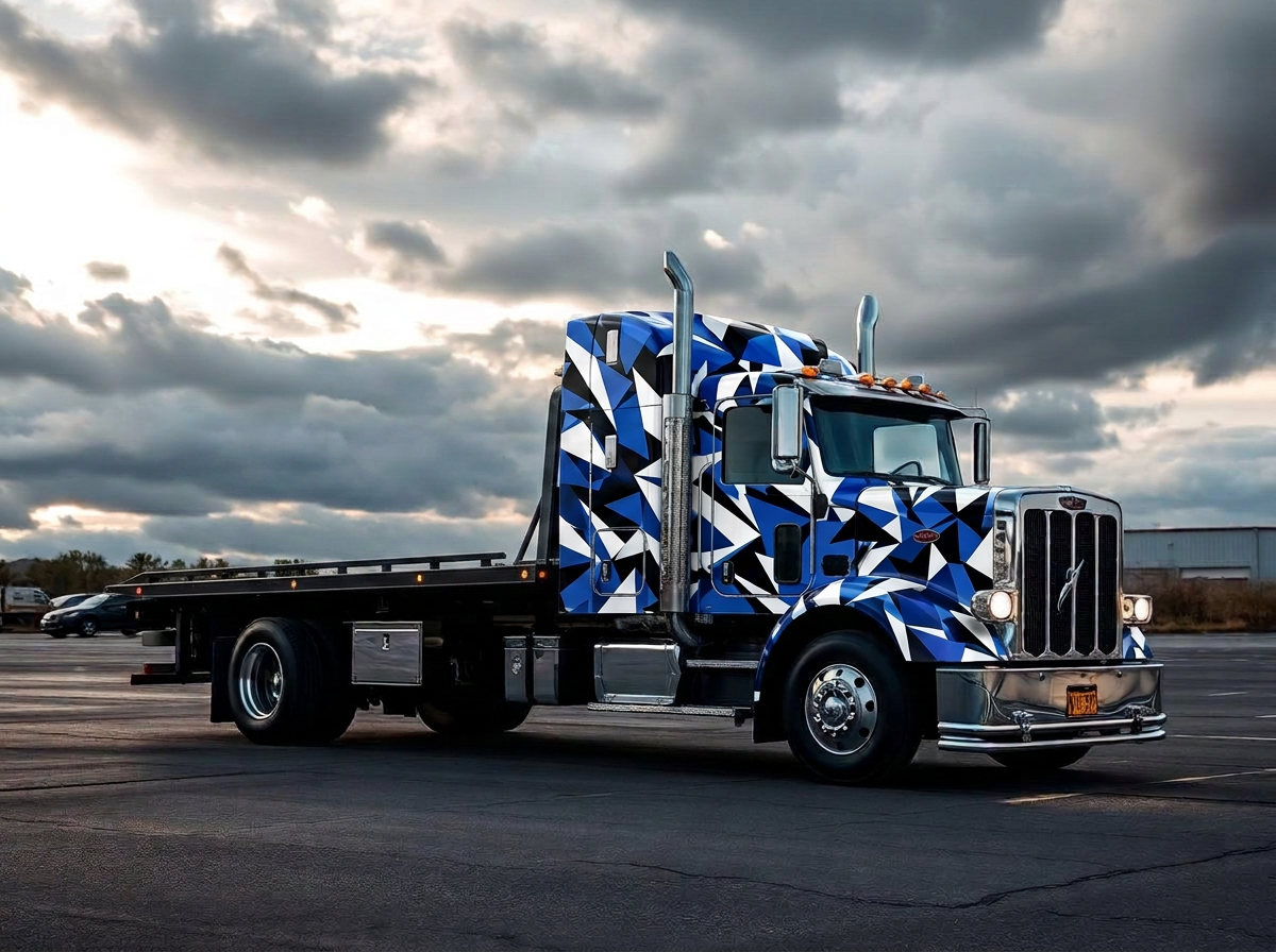 Non Stop Towing flatbed rollback with blue geometric wrap under a dramatic Sonoma County sky